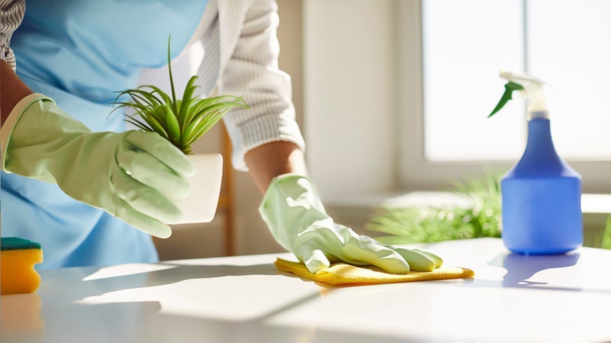 Person in gloves cleaning with a cloth, plant, and cleaning spray on a table, highlighting Experts European Cleaning services.