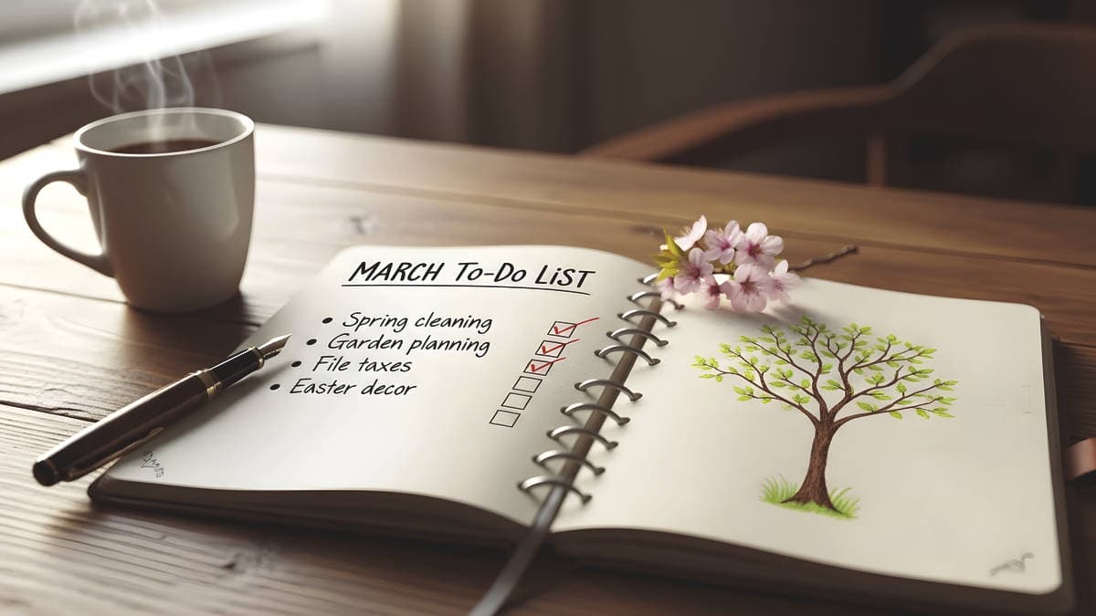 Open notebook with 'March To-Do List' featuring spring cleaning, coffee cup, and a branch of cherry blossoms.